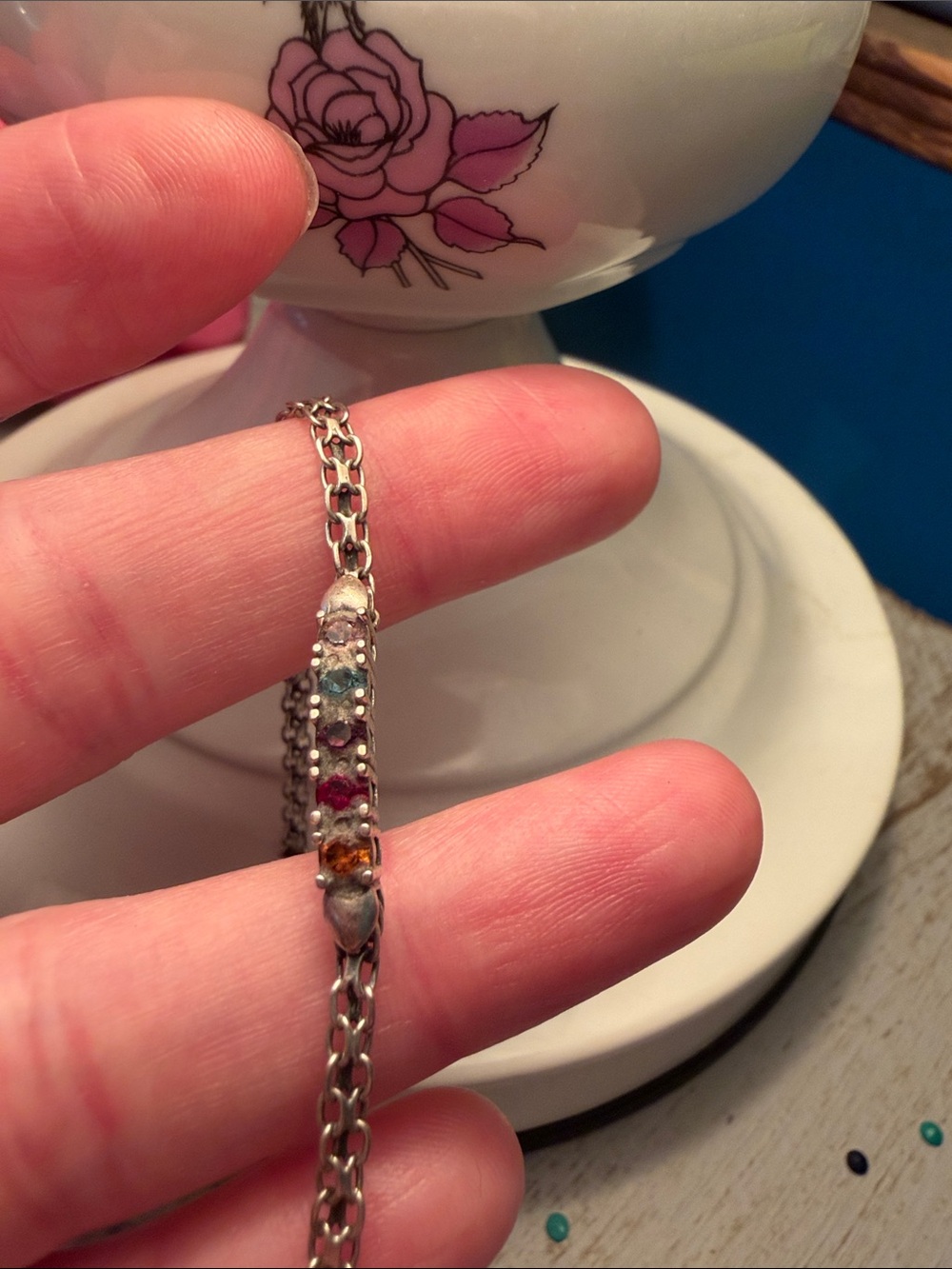 Multi-Stone Sterling Silver Bracelet — Pink, Blue, Red, White, Orange Accents